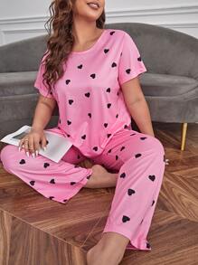 Plus Heart Print PJ Set / Pajama Set - Pink - View 4