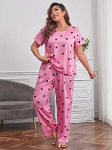 Plus Heart Print PJ Set / Pajama Set - Pink - View 5
