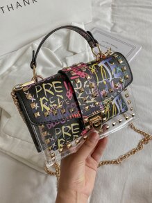 Quadratische Tasche mit Buchstabengrafik, Nietendekor und Klappe, bunte Graffiti Ketten Umhängetasche, Umhängetasche mit Nietendekor, kleine quadratische Geldbörse für Damen mit Klappe - Schwarz - Übersicht 3