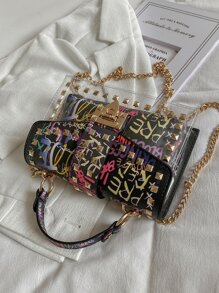 Quadratische Tasche mit Buchstabengrafik, Nietendekor und Klappe, bunte Graffiti Ketten Umhängetasche, Umhängetasche mit Nietendekor, kleine quadratische Geldbörse für Damen mit Klappe - Schwarz - Übersicht 8