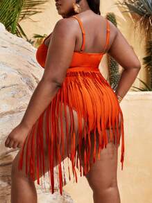 Summer Beach Plus Fringe Trim One Piece Swimsuit - Orange - View 2