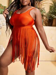 Summer Beach Plus Fringe Trim One Piece Swimsuit - Orange - View 5