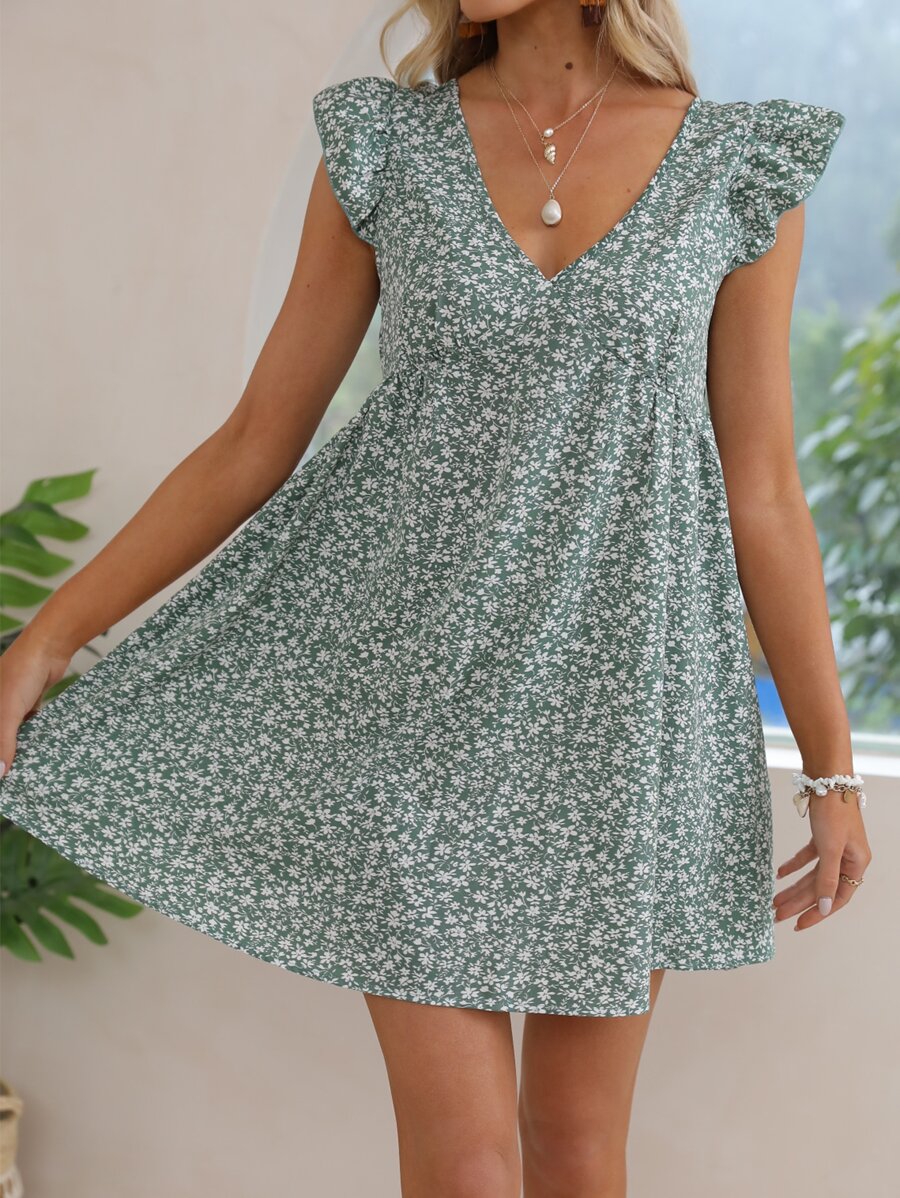 SHEIN Frenchy Ruffle Armhole Ditsy Floral Dress - Mint Green - View 1