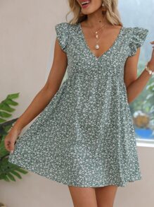 SHEIN Frenchy Ruffle Armhole Ditsy Floral Dress - Mint Green - View 3