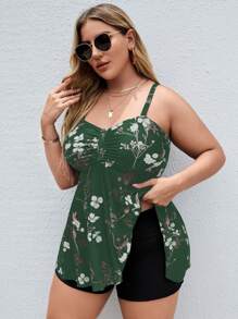Plus Floral Print Swim Dress With Shorts - Dark Green - View 1