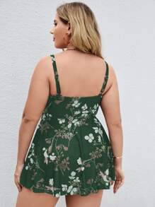 Plus Floral Print Swim Dress With Shorts - Dark Green - View 2