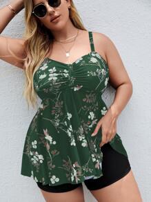 Plus Floral Print Swim Dress With Shorts - Dark Green - View 3