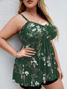 Plus Floral Print Swim Dress With Shorts - Dark Green - View 4