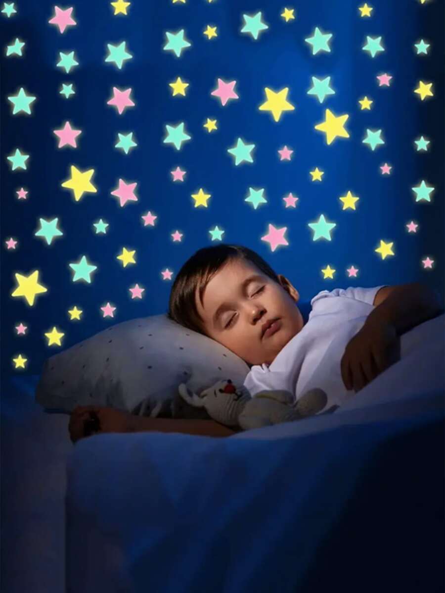 100pcs/Set Glow-In-The-Dark 3D Star & Dot Wall Stickers, Suitable For Kids Room Bedroom Home Decor, Luminous Vinyl Stickers, Wall Decals, Home Decor, Spring Decorations, Refresh Your Home, Rama Decorative Stickers - Multicolor - View 1