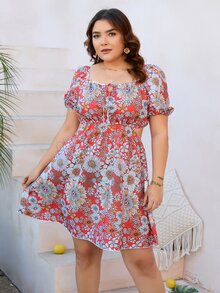 Mulvari Plus Floral Print Knot Front Puff Sleeve Dress - Multicolor - View 5