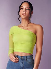 SHEIN BAE One Shoulder Ruched Crop Tee - Lime Green - View 1