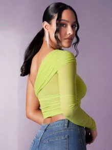 SHEIN BAE One Shoulder Ruched Crop Tee - Lime Green - View 2
