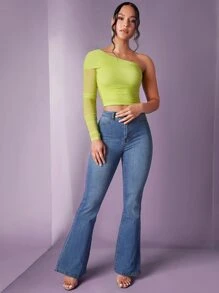 SHEIN BAE One Shoulder Ruched Crop Tee - Lime Green - View 3