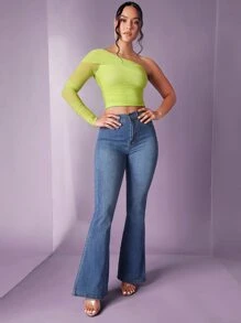 SHEIN BAE One Shoulder Ruched Crop Tee - Lime Green - View 4