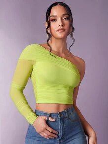 SHEIN BAE One Shoulder Ruched Crop Tee - Lime Green - View 5