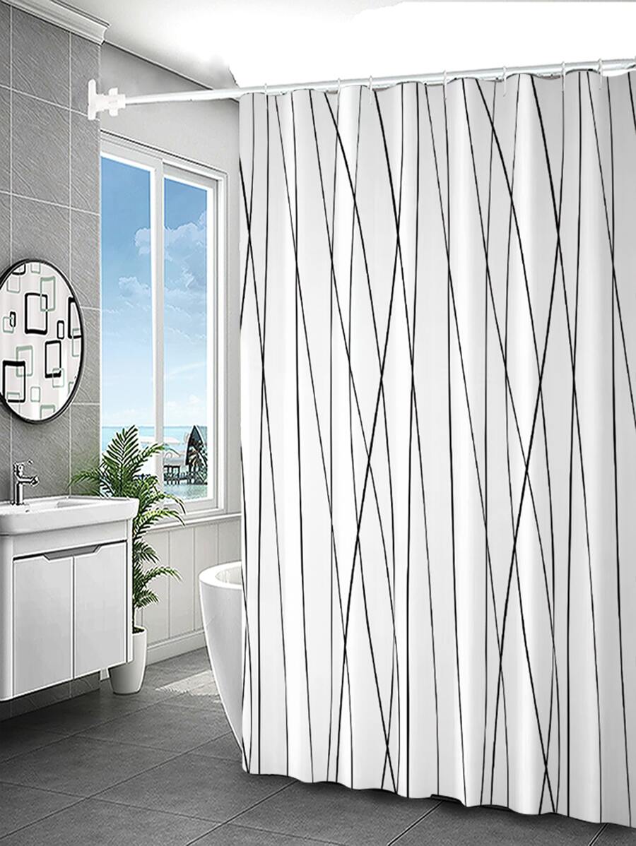 1pc Striped Print Shower Curtain - Black and White - View 1
