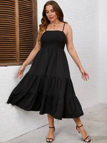 SHEIN Privé Vestido de tirantes bajo con fruncido - Negro - Ver 1