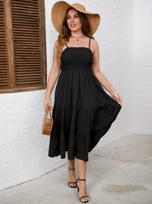 SHEIN Privé Vestido de tirantes bajo con fruncido - Negro - Ver 4