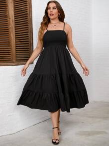 SHEIN Privé Vestido de tirantes bajo con fruncido - Negro - Ver 6