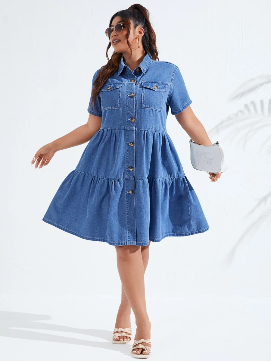 SHEIN LUNE Vestido mezclilla con bolsillo con solapa bajo con fruncido - Azul lavado medio - Ver 1