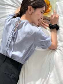 DAZY 實色綁帶泡泡袖上衣