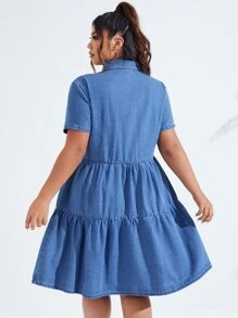 SHEIN LUNE Vestido mezclilla con bolsillo con solapa bajo con fruncido - Azul lavado medio - Ver 2