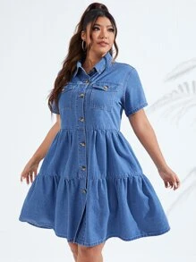 SHEIN LUNE Vestido mezclilla con bolsillo con solapa bajo con fruncido - Azul lavado medio - Ver 3