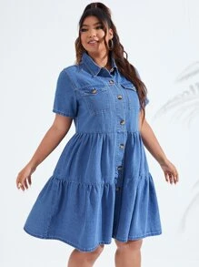 SHEIN LUNE Vestido mezclilla con bolsillo con solapa bajo con fruncido - Azul lavado medio - Ver 5