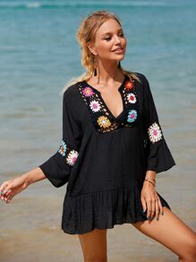 Swim Vcay Floral Crochet Ruffle Hem Cover Up - Black - View 1