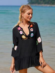 Swim Vcay Floral Crochet Ruffle Hem Cover Up - Black - View 3