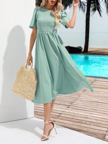 GENKIRA Đầm Dải chun màu trơn Boho - Màu xanh Bạc hà - Xem 4