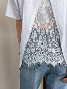 DAZY Áo thun nữ Tương phản ren Trọn gói màu trơn Giải trí - trắng - Xem 4
