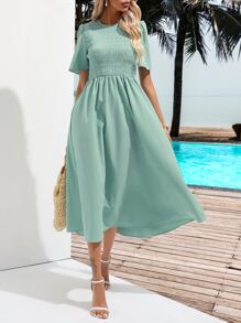 GENKIRA Đầm Dải chun màu trơn Boho - Màu xanh Bạc hà - Xem 5