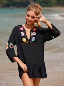 Swim Vcay Floral Crochet Ruffle Hem Cover Up - Black - View 5