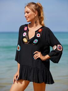 Swim Vcay Floral Crochet Ruffle Hem Cover Up - Black - View 6