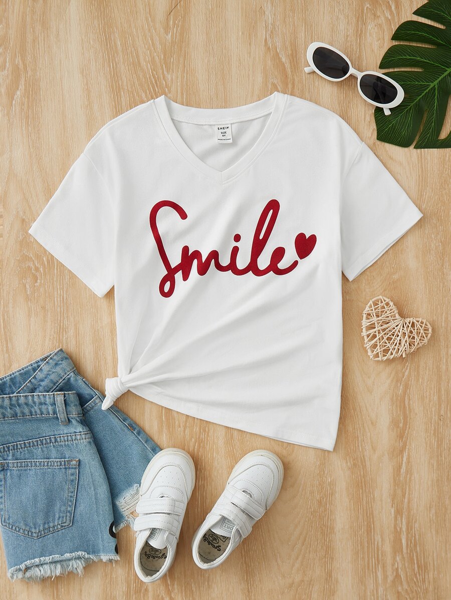 SHEIN Girls 1pc Letter & Heart Print Tee - White - View 1