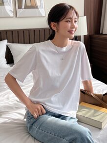 DAZY Áo thun nữ Tương phản ren Trọn gói màu trơn Giải trí - trắng - Xem 6