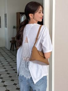 DAZY Áo thun nữ Tương phản ren Trọn gói màu trơn Giải trí - trắng - Xem 8