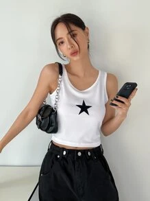 DAZY 星星印花條紋針織短款背心 - 白色 - 查看 4