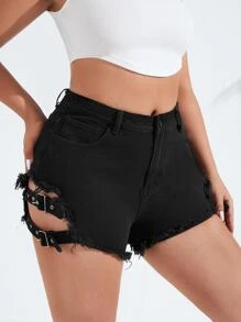 SHEIN 大碼帶扣細節鏤空毛邊牛仔短褲 - 黑色 - 查看 5