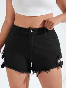 SHEIN 大碼帶扣細節鏤空毛邊牛仔短褲 - 黑色 - 查看 8
