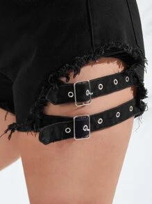 SHEIN 大碼帶扣細節鏤空毛邊牛仔短褲 - 黑色 - 查看 9