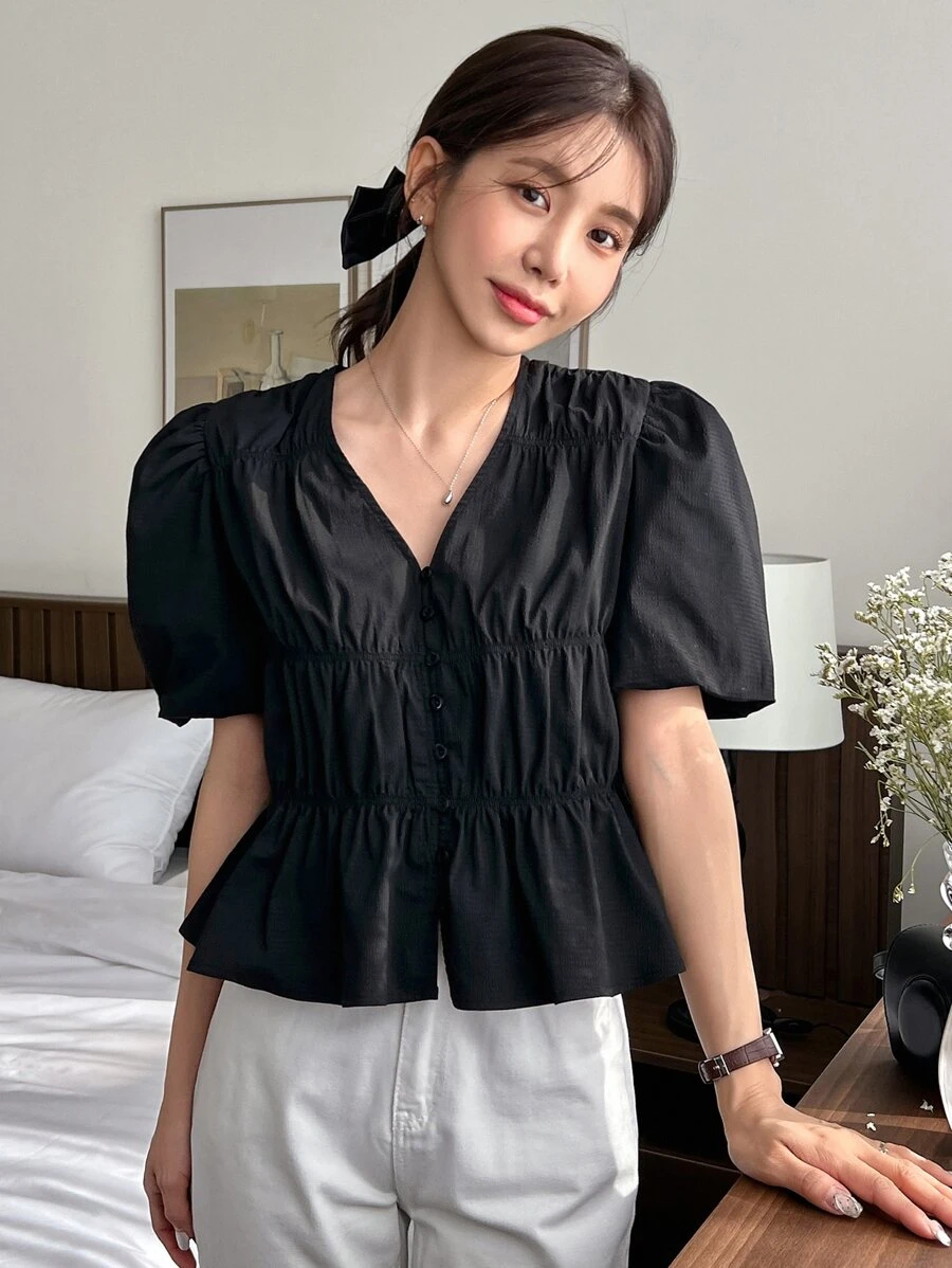 DAZY Blusa peplum de manga farol fruncido - Negro - Ver 1