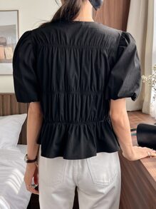 DAZY Blusa peplum de manga farol fruncido - Negro - Ver 2