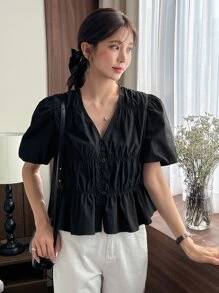 DAZY Blusa peplum de manga farol fruncido - Negro - Ver 3