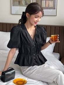 DAZY Blusa peplum de manga farol fruncido - Negro - Ver 4