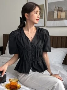 DAZY Blusa peplum de manga farol fruncido - Negro - Ver 5