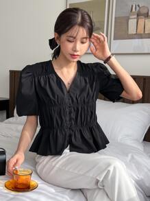 DAZY Blusa peplum de manga farol fruncido - Negro - Ver 6