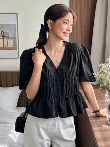 DAZY Blusa peplum de manga farol fruncido - Negro - Ver 7