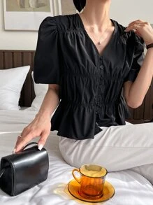 DAZY Blusa peplum de manga farol fruncido - Negro - Ver 8